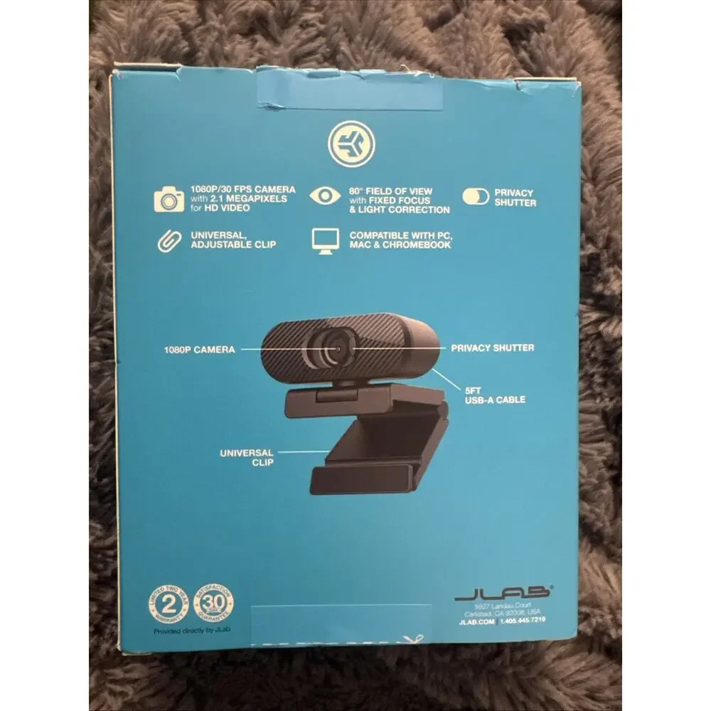 JLab Go Pop USB HD Webcam, Black, 1080p/30 FPS, 2.1 Megapixels, Privacy Shutter